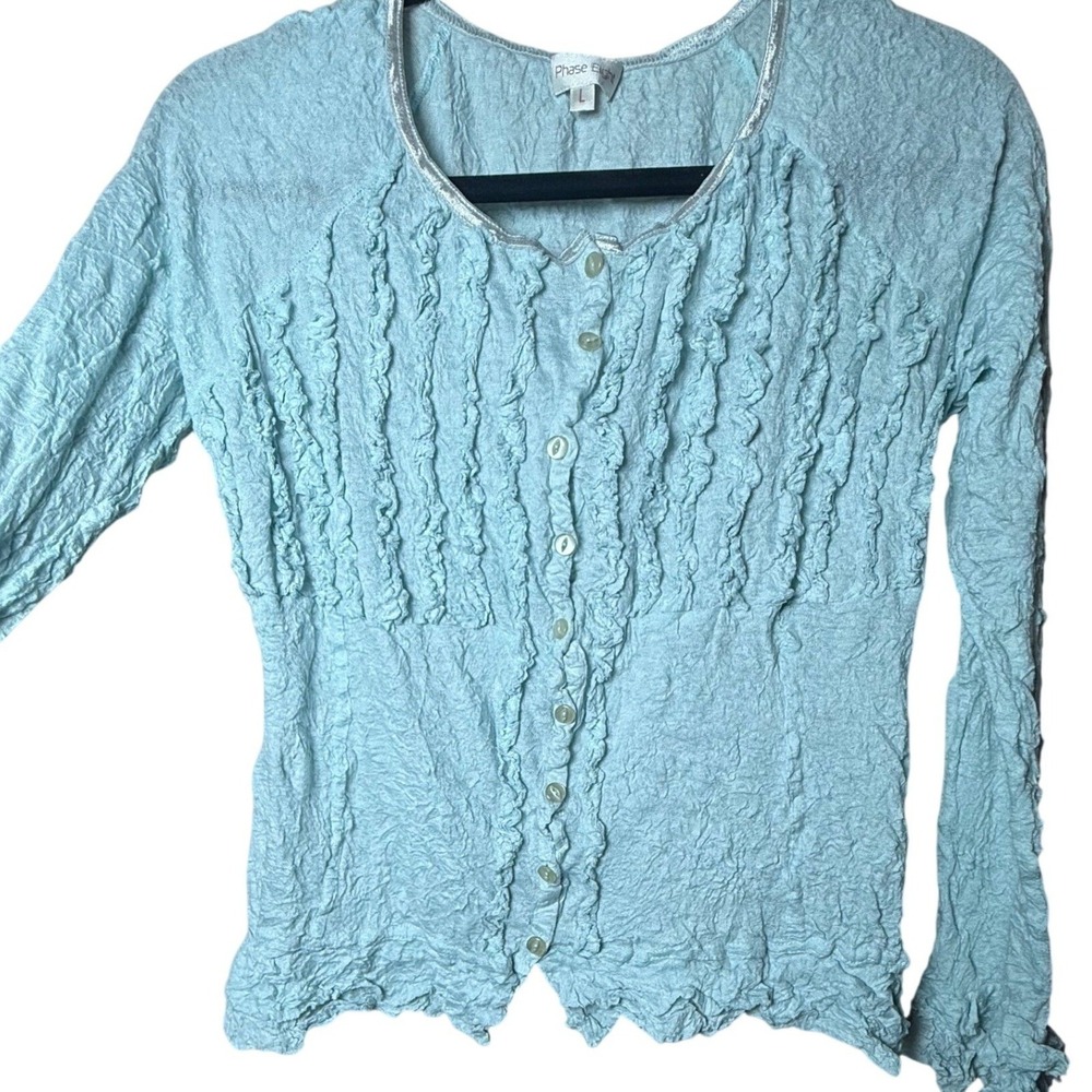 Phase Eight Cardigan Womens Large Blue Excellent Crinkle Ruffle Wool Blend‎ Top